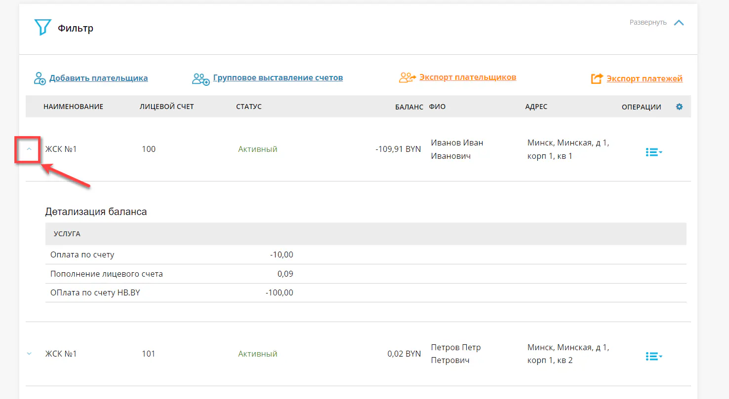 Поле открытия детализации баланса